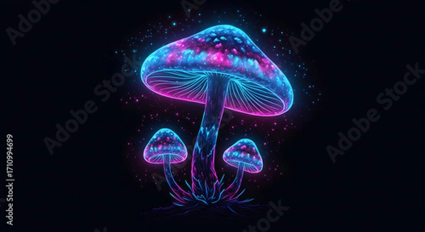 Fototapeta Psychedelic Mushroom Fantasy: A vibrant and imaginative illustration of a cluster of psychedelic mushrooms, aglow with neon colors against a stark backdrop.