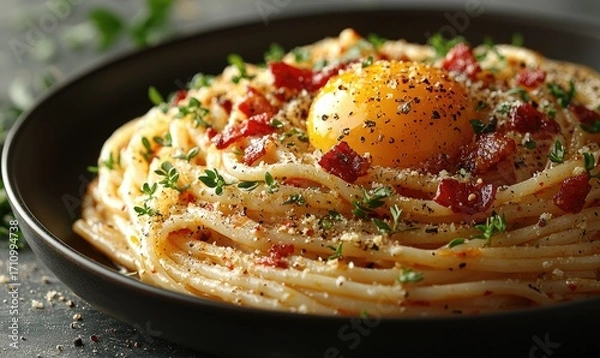 Fototapeta Nestled pasta with egg and bacon