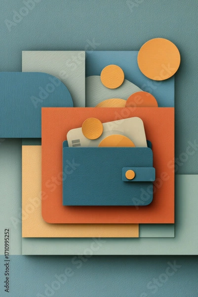 Fototapeta Abstract composition featuring a stylized wallet surrounded by colorful geometric shapes and circles, showcasing modern design elements and vibrant textures in a harmonious arrangement