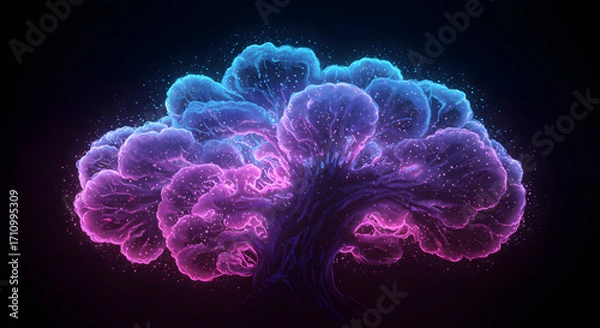 Fototapeta Luminous Tree in Cosmos: The ethereal glow of a luminous tree bursts forth against a dark backdrop, evoking a sense of mystery and cosmic wonder. Its branches reach towards the night sky.