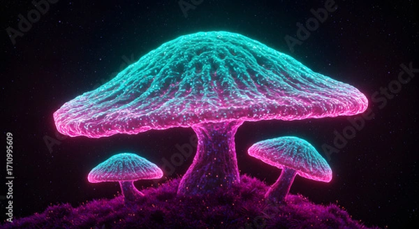 Fototapeta Enchanted Fungus: A luminous psychedelic mushroom scene captivates with glowing hues of purple and teal, set against a mesmerizing dark background.