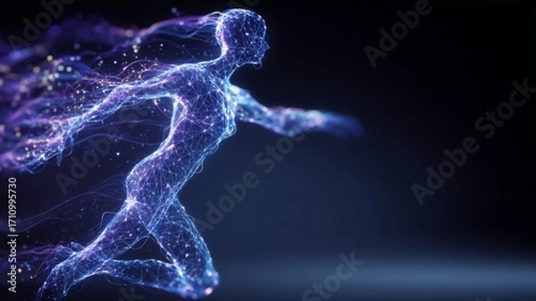 Fototapeta Ethereal digital figure composed of glowing particles in motion, representing energy and vitality, set against a dark background, embodying the concept of digital transformation and innovation
