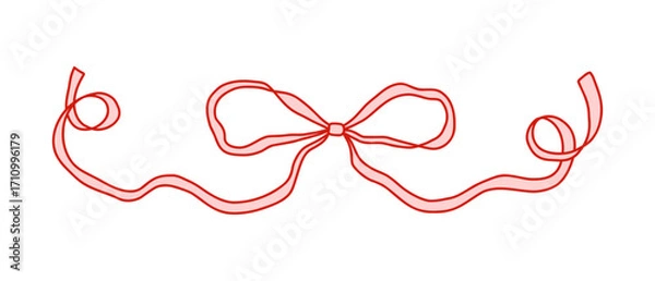 Fototapeta Coquette whimsical pink bow with flowing curly ribbon and red outline. Feminine romantic design for Valentines Day, Christmas, cards, packaging, scrapbooking, invitations, and branding.