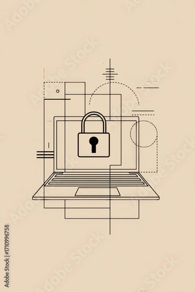 Fototapeta Laptop illustration featuring a padlock symbolizing cybersecurity, with geometric shapes and lines creating a modern digital security concept for technology and protection
