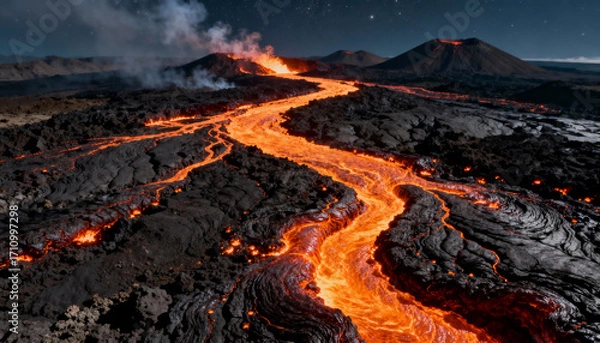 Fototapeta a river of lava flows down a volcanic landscape at night with a starry sky