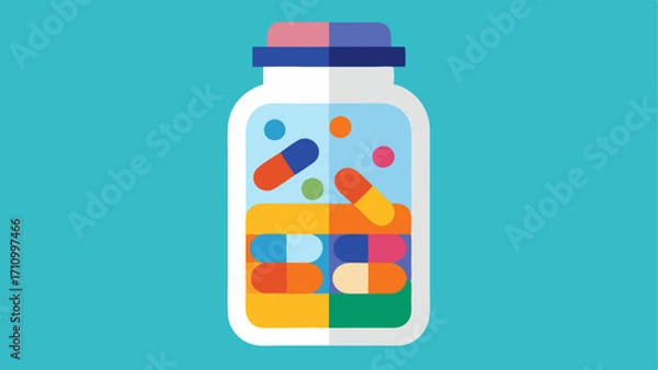 Fototapeta Capsule Container A clear bottle filled with colorful capsules showcasing the vibrant colors of the antiaging exosome supplements with a label that highlights AntiAging Formula.