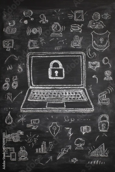 Fototapeta Laptop with a padlock illustration on a chalkboard background, surrounded by various digital security icons and symbols, representing cybersecurity and data protection concepts