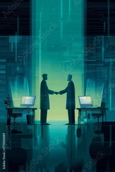 Fototapeta Two business professionals in lab coats are shaking hands in a futuristic office environment, with glowing screens and digital elements creating a high-tech atmosphere