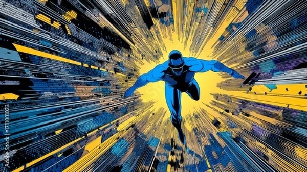 Fototapeta Dynamic superhero character in blue costume, bursting through a vibrant explosion of colors and shapes, showcasing action and energy in a comic book style illustration