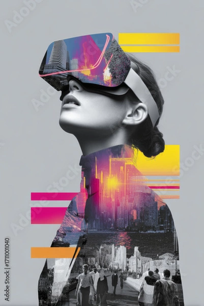 Fototapeta Female model wearing virtual reality headset, immersed in digital experience, with vibrant colors and cityscape overlay, showcasing the future of technology and innovation in immersive environments