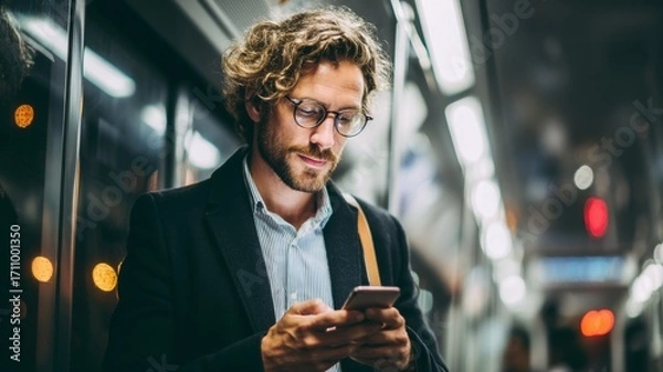 Fototapeta Stylish man with curly hair and glasses is using a smartphone while commuting on a subway train, surrounded by modern interior and ambient lighting, showcasing urban lifestyle