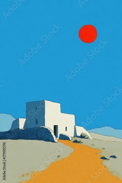 Fototapeta Minimalist illustration of a white building on a sandy path under a bright red sun against a clear blue sky, evoking tranquility and simplicity in a serene landscape