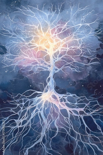 Fototapeta Ethereal tree illustration with luminous branches and roots, set against a cosmic background of deep blues and purples, symbolizing connection and growth in nature