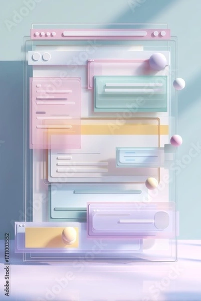 Fototapeta Colorful abstract illustration featuring layered translucent interface elements and geometric shapes, creating a modern digital design concept with copy space for text placement
