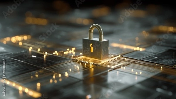 Fototapeta Digital padlock placed on a circuit board with glowing connections, symbolizing cybersecurity and data protection in a modern technological environment