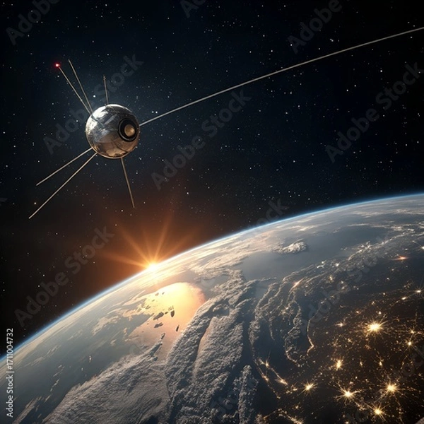 Fototapeta A satellite orbits Earth, capturing the sunrise over the planet's surface. The scene showcases the beauty of space and technology.