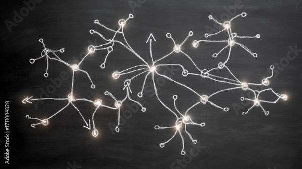 Fototapeta Abstract illustration of interconnected nodes and pathways on a dark background, symbolizing complex networks, ideas, and connections in a visually striking manner