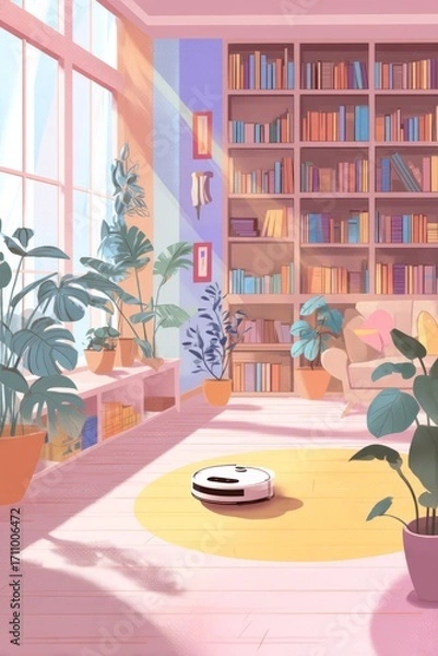Fototapeta Modern living room featuring a robotic vacuum cleaner on a yellow rug, surrounded by lush plants, bookshelves filled with colorful books, and bright sunlight streaming through large windows