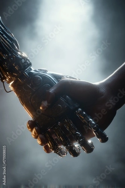 Fototapeta Human hand grasping a futuristic robotic hand in a dramatic lighting setup, showcasing the blend of technology and humanity in a symbolic gesture of connection and collaboration