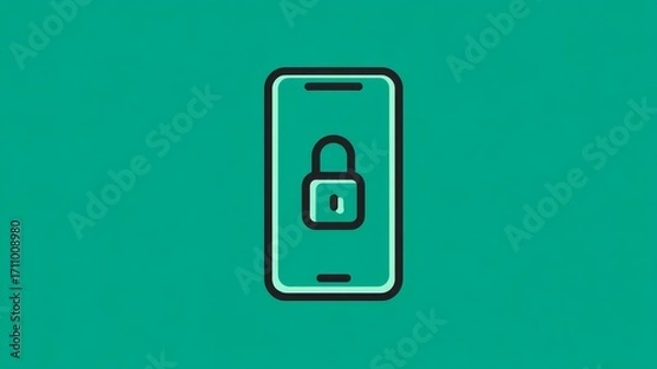 Fototapeta Smartphone illustration featuring a padlock symbol on a vibrant green background, representing digital security and privacy in modern technology and communication