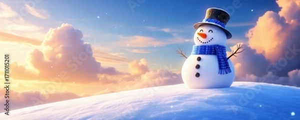 Fototapeta Charming snowman with a top hat and scarf, standing on a snow-covered hill against a colorful sunset, evoking warmth and joy in winter landscapes.