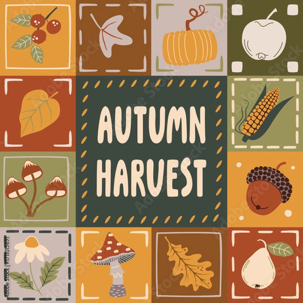 Fototapeta Autumn harvest poster with fruits, mushrooms, leaves. Fly agaric, acorn, maize, pumpkin, apple, pear, flower and hand lettering. Cartoon objects in  squares with frames. Vector patchwork background.