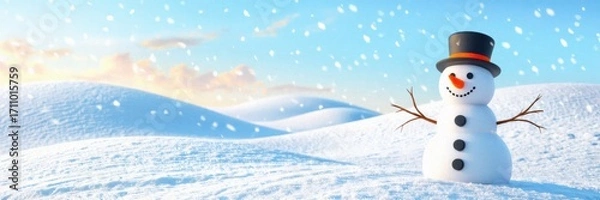Fototapeta A cheerful snowman stands in a snowy landscape, adorned with a black hat and a bright carrot nose, symbolizing winter joy under a clear blue sky.