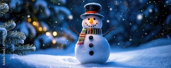 Fototapeta Charming snowman adorned with a top hat and scarf, surrounded by softly falling snow and winter scenery, evoking a magical holiday atmosphere.