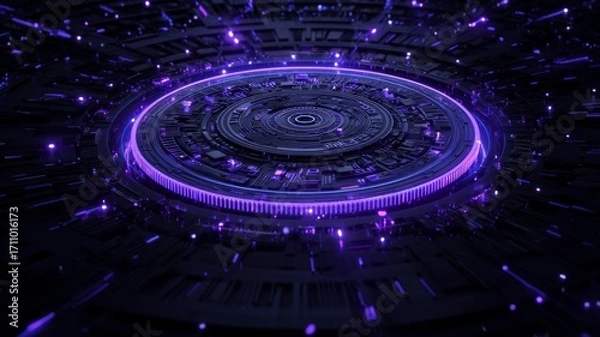 Fototapeta Futuristic digital abstract illustration featuring a circular pattern with glowing purple accents, surrounded by dynamic light particles, representing advanced technology and innovation concepts