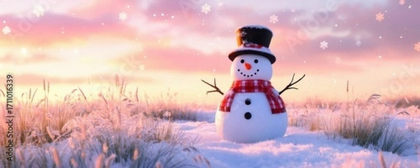 Fototapeta A cheerful snowman adorned with a scarf and top hat stands in a snowy landscape, illuminated by a warm sunset, evoking the joy of winter and holiday spirit.
