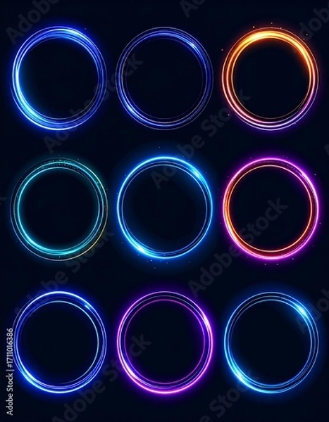 Fototapeta Nine glowing circular frames in vibrant neon colors against a dark background, perfect for graphic design.