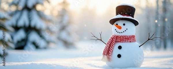 Fototapeta Cheerful snowman wearing a top hat and scarf in a serene winter landscape, surrounded by snow and evergreen trees under soft sunlight.