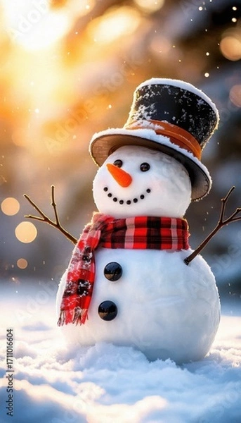 Fototapeta A cheerful snowman with a top hat and scarf stands amidst a winter landscape, radiating joy and warmth against a sunset backdrop.