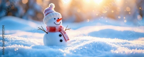Fototapeta A cheerful snowman with a carrot nose and a cozy scarf stands amidst fresh snow, capturing the magic of winter in a sunlit forest.