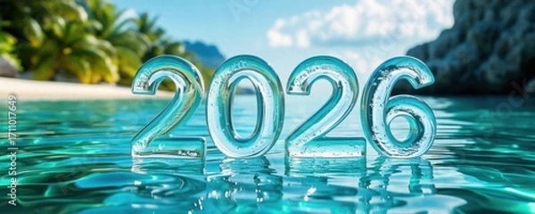 Fototapeta Stylized 2026 numbers made of clear liquid float on tranquil water, surrounded by palm trees and a serene beach, symbolizing new beginnings and summer vibes.
