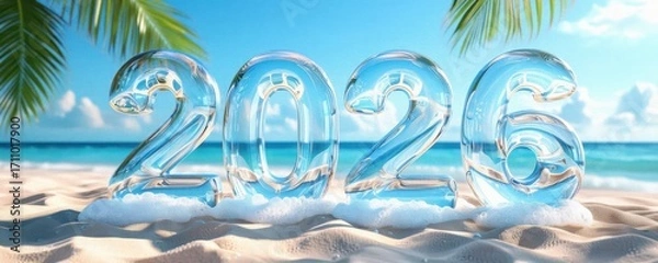 Fototapeta Vibrant beach scene featuring large, transparent numbers "2026" in the sand, surrounded by palm leaves and ocean waves, symbolizing a sunny new year celebration.