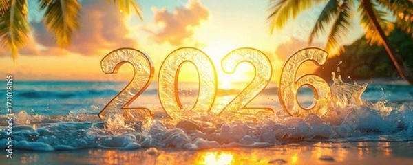 Fototapeta A vibrant sunset beach scene with the year "2026" illuminated in the foreground, reflecting a peaceful tropical atmosphere for new beginnings.