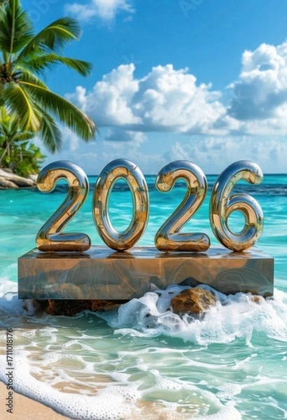 Fototapeta Shiny 2026 numbers on a beach, surrounded by turquoise water, palm trees, and a clear blue sky, symbolizing a tropical new year's celebration.