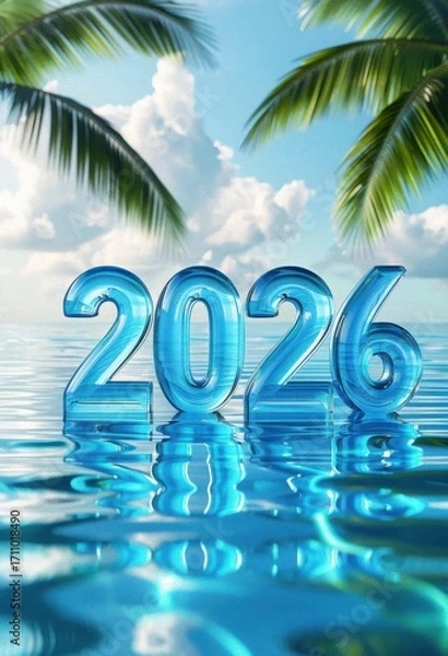 Fototapeta A vibrant, tropical scene featuring the year 2026 in transparent blue digits, surrounded by lush palm leaves and a serene ocean reflecting a clear blue sky.