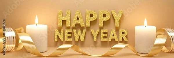 Fototapeta Festive "happy new year" text with golden letters, adorned with candles and decorative ribbons, perfect for celebrating the new year in style.
