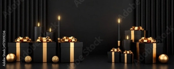 Fototapeta Elegant black and gold gift boxes adorned with candles and ornaments, set against a dark backdrop, perfect for celebrating special occasions.