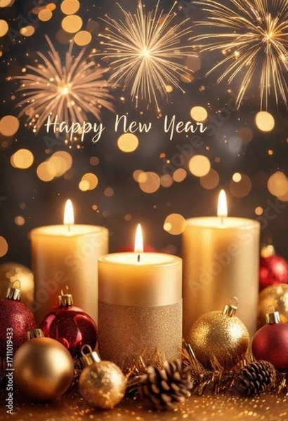 Fototapeta Festive composition of glowing candles, sparkling ornaments, and fireworks, perfect for celebrating the new year with warmth and joy.