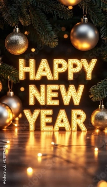 Fototapeta Celebrate the new year with this festive image featuring illuminated "happy new year" letters surrounded by shimmering ornaments and a lush tree backdrop.