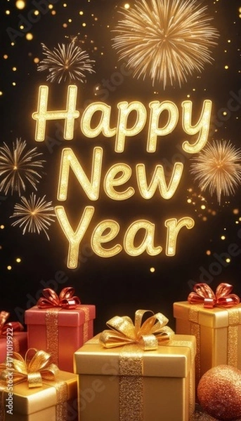 Fototapeta Colorful new year celebration scene with festive fireworks and beautifully wrapped gift boxes. brightly lit "happy new year" greeting adds joy to the festive atmosphere.