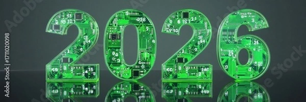 Fototapeta A futuristic representation of the year 2026, featuring numbers crafted from green circuit board patterns, symbolizing technology and innovation.
