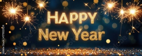 Fototapeta Celebrate the new year with dazzling fireworks and sparkling bokeh, featuring a warm "happy new year" message in a festive ambiance.