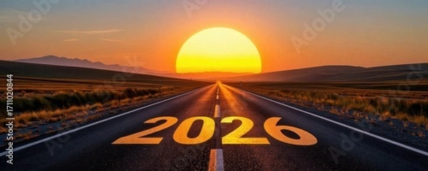 Fototapeta Scenic road leading towards a vibrant sunset, marked with "2026," symbolizing hope and new beginnings.