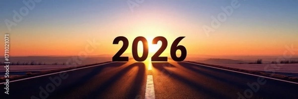 Fototapeta A captivating sunrise over an open road, with the year "2026" prominently displayed, symbolizing new beginnings and future possibilities.