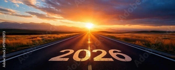Fototapeta A stunning sunset over a long, empty road marked with the year 2026, symbolizing new beginnings and future journeys.