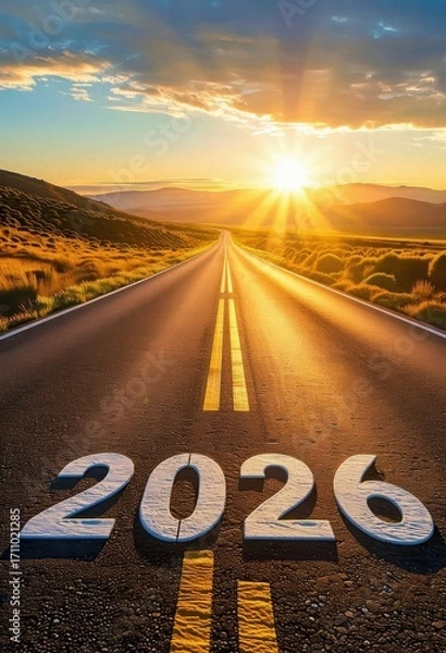 Fototapeta A scenic road stretches into the horizon, with the year "2026" boldly painted on the asphalt, illuminated by a stunning sunrise, symbolizing new beginnings and opportunities.